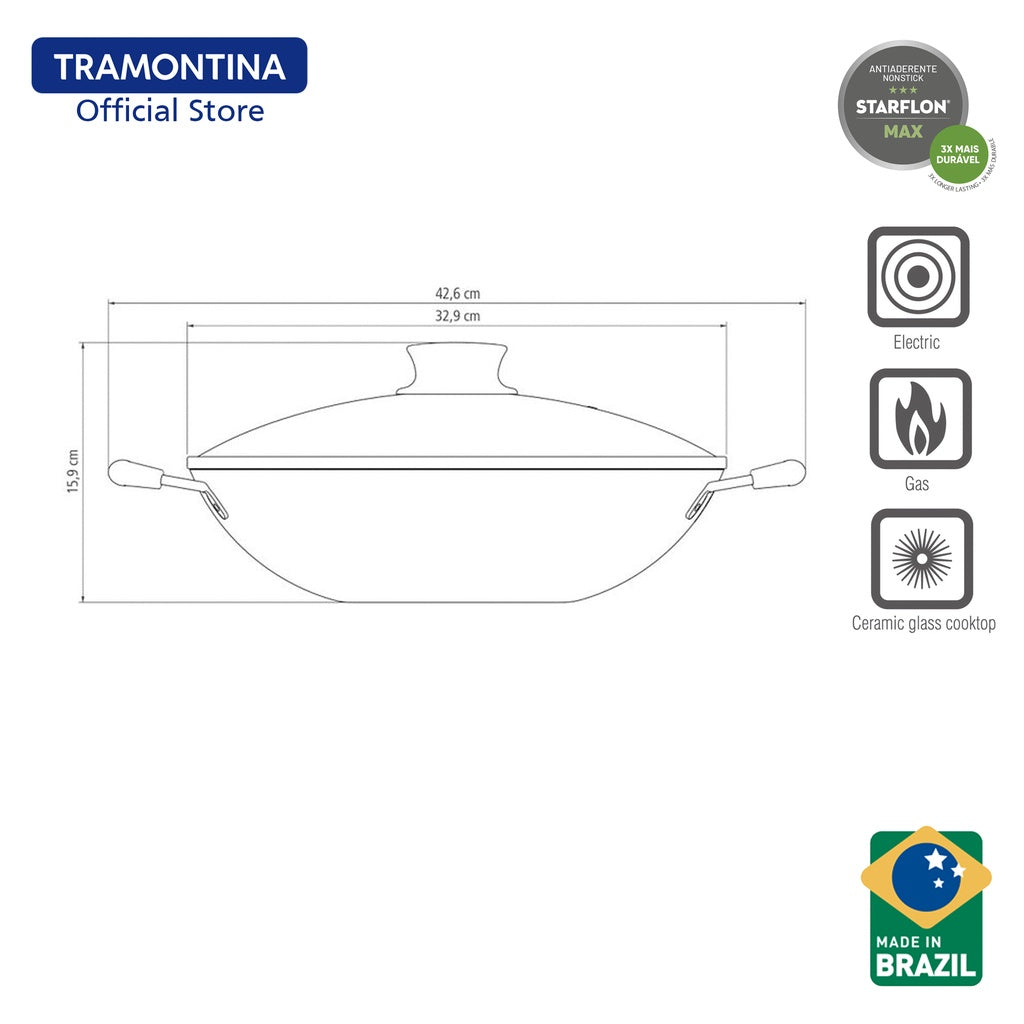 Tramontina Non Stick Chinese Wok with Tempered Lid 36cm (Paris)