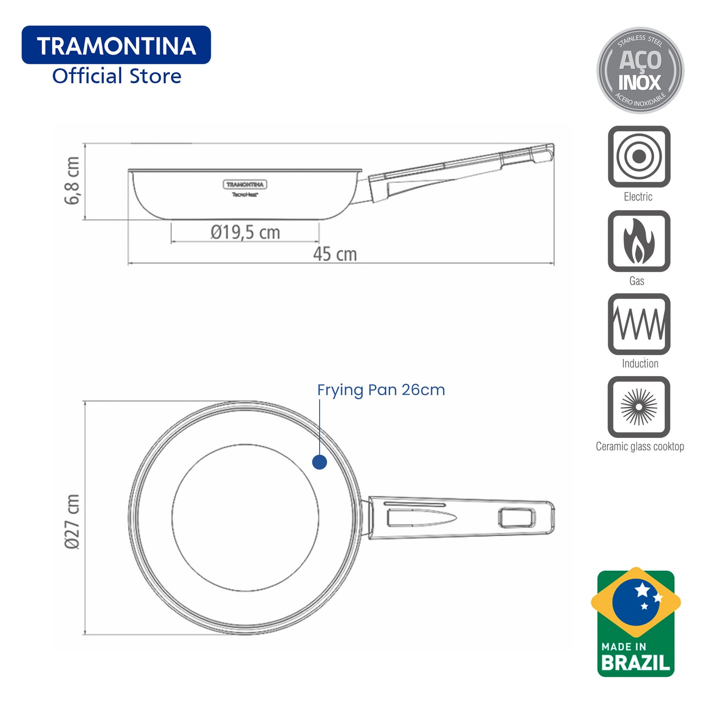 Tramontina Stainless Steel Frying Pan with Tri-ply body 20cm/26cm (Grano)
