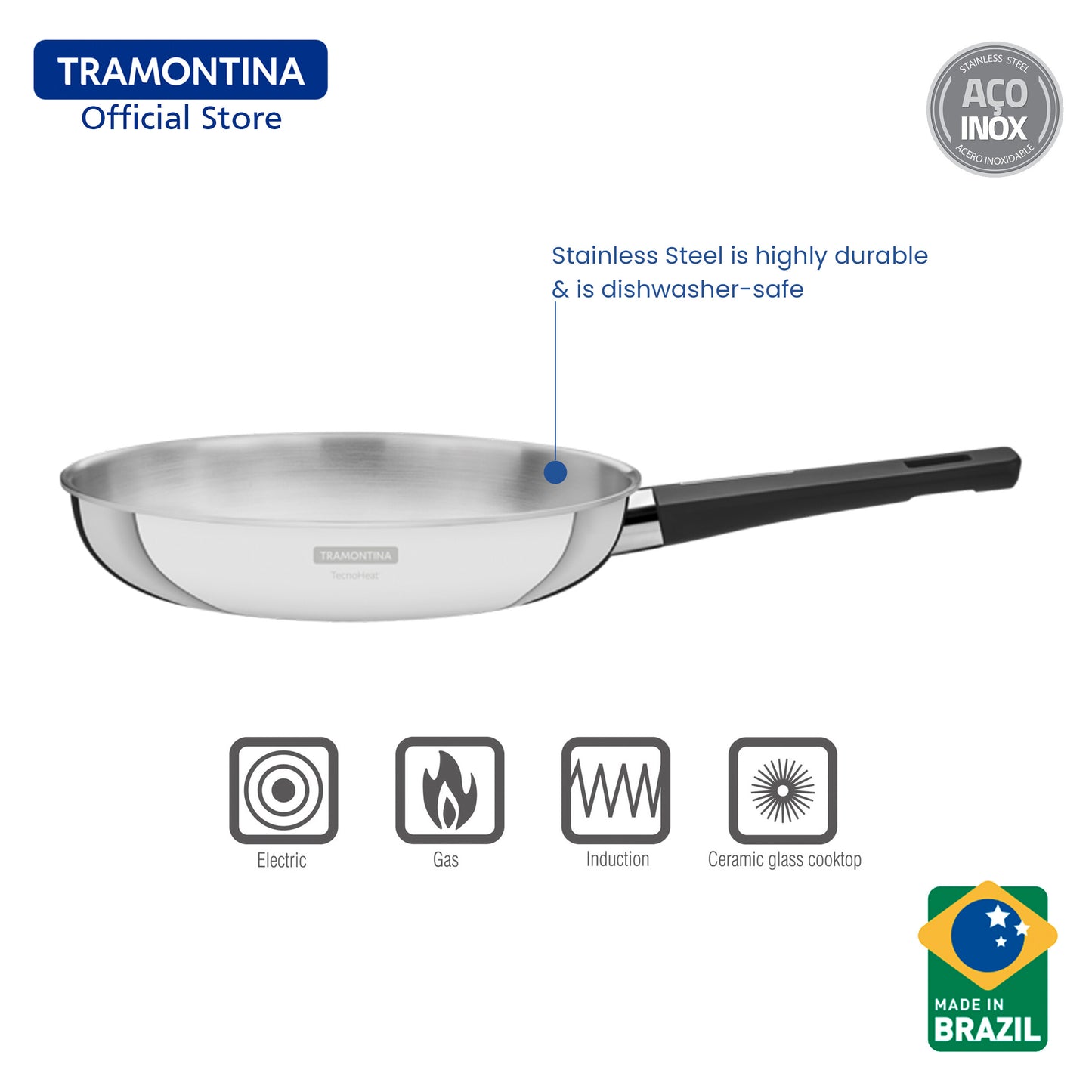 Tramontina Stainless Steel Frying Pan with Tri-ply body 20cm/26cm (Grano)