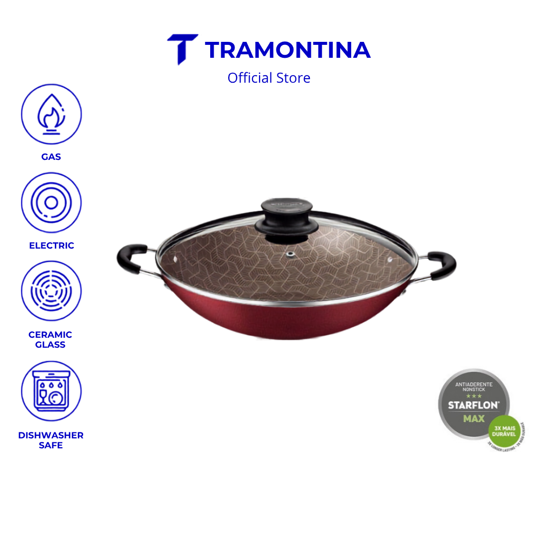 Tramontina Non Stick Chinese Wok with Tempered Lid 36cm (Paris)