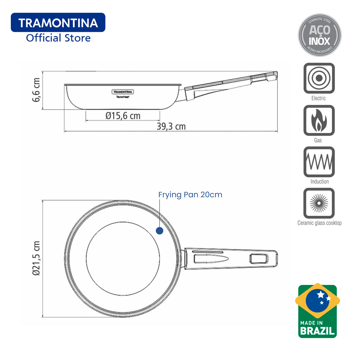 Tramontina Stainless Steel Frying Pan with Tri-ply body 20cm/26cm (Grano)