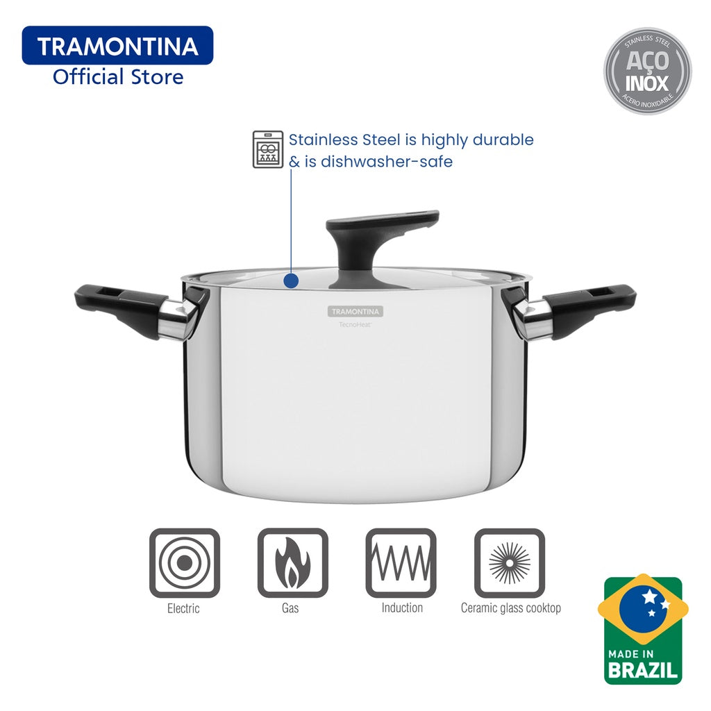 Tramontina Stainless Steel Deep Pot/Casserole with Triple-ply Body 20 or 24cm (Grano)
