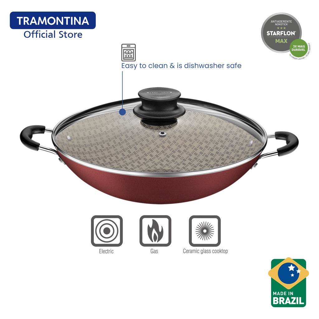 Tramontina Non Stick Chinese Wok with Tempered Lid 36cm (Paris)