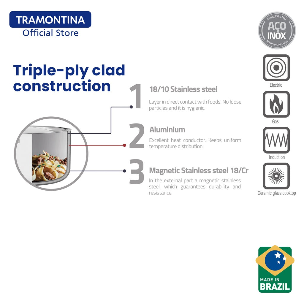 Tramontina Stainless Steel Deep Pot/Casserole with Triple-ply Body 20 or 24cm (Grano)