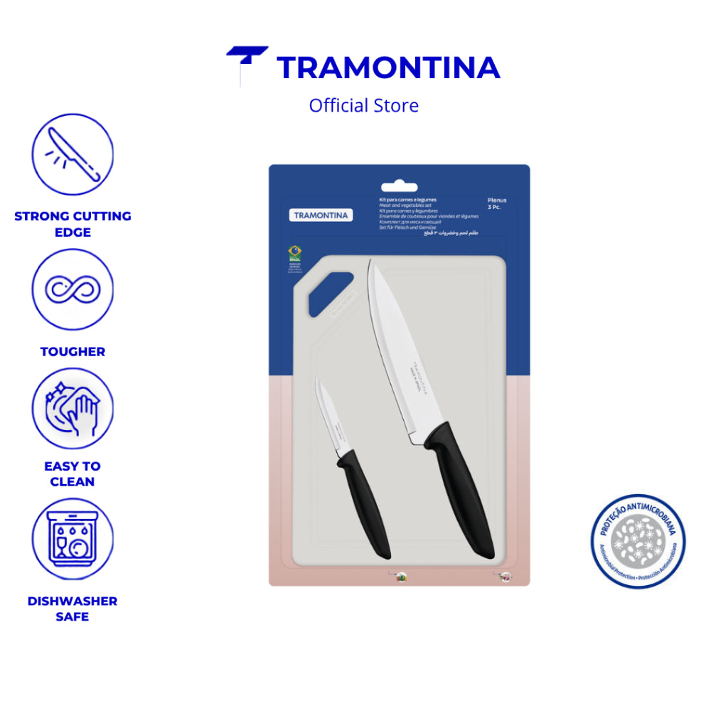 Tramontina 3 Pcs Set - Stainless Steel Chef's Knife 7"/Vegetable & Fruit Knife 3"/Polypropylene Cutting Board (Plenus)