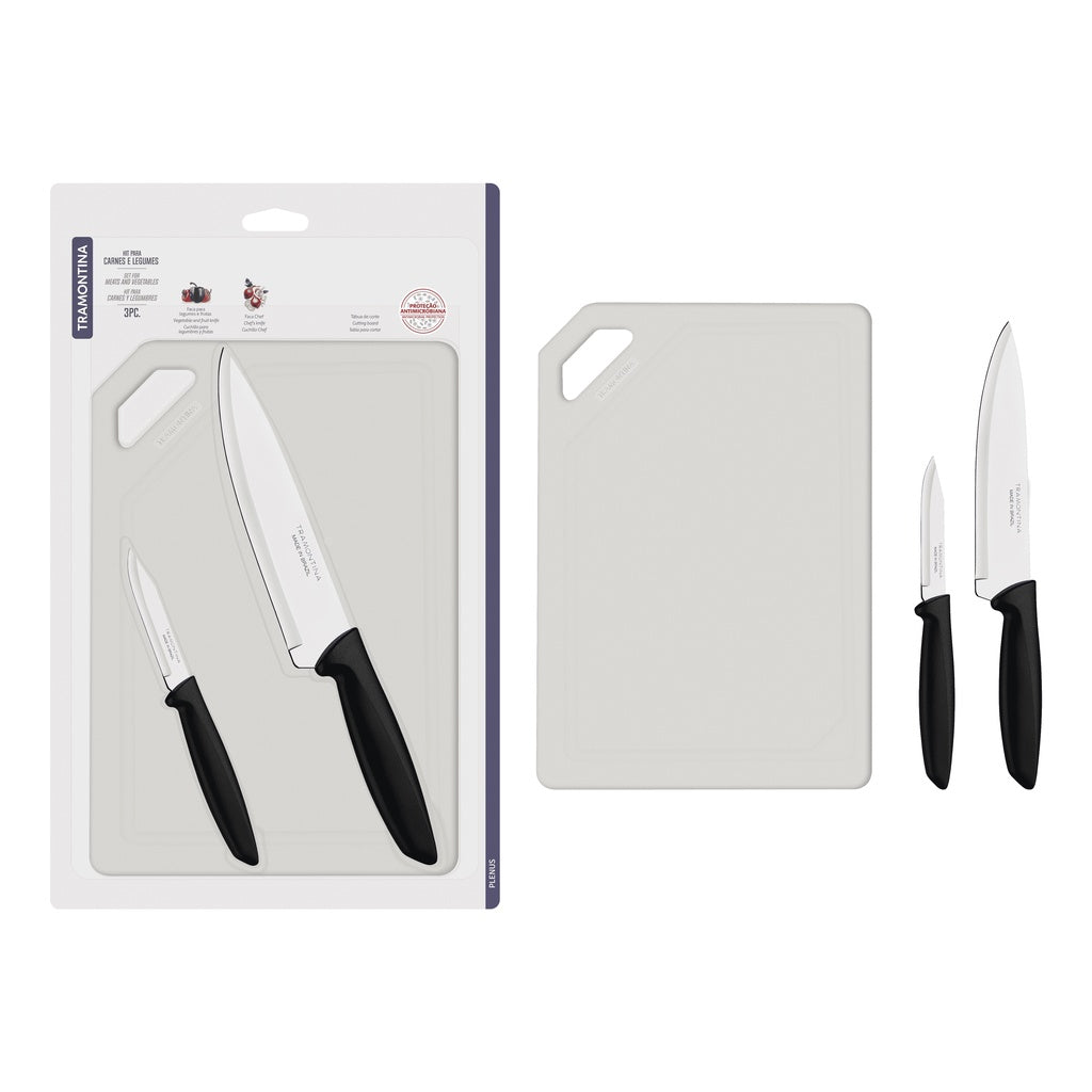 Tramontina 3 Pcs Set - Stainless Steel Chef's Knife 7"/Vegetable & Fruit Knife 3"/Polypropylene Cutting Board (Plenus)