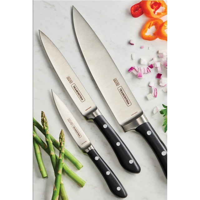 Tramontina 3 Pcs Set - Stainless Steel Chef's Knife 7"/Vegetable & Fruit Knife 3"/Polypropylene Cutting Board (Plenus)